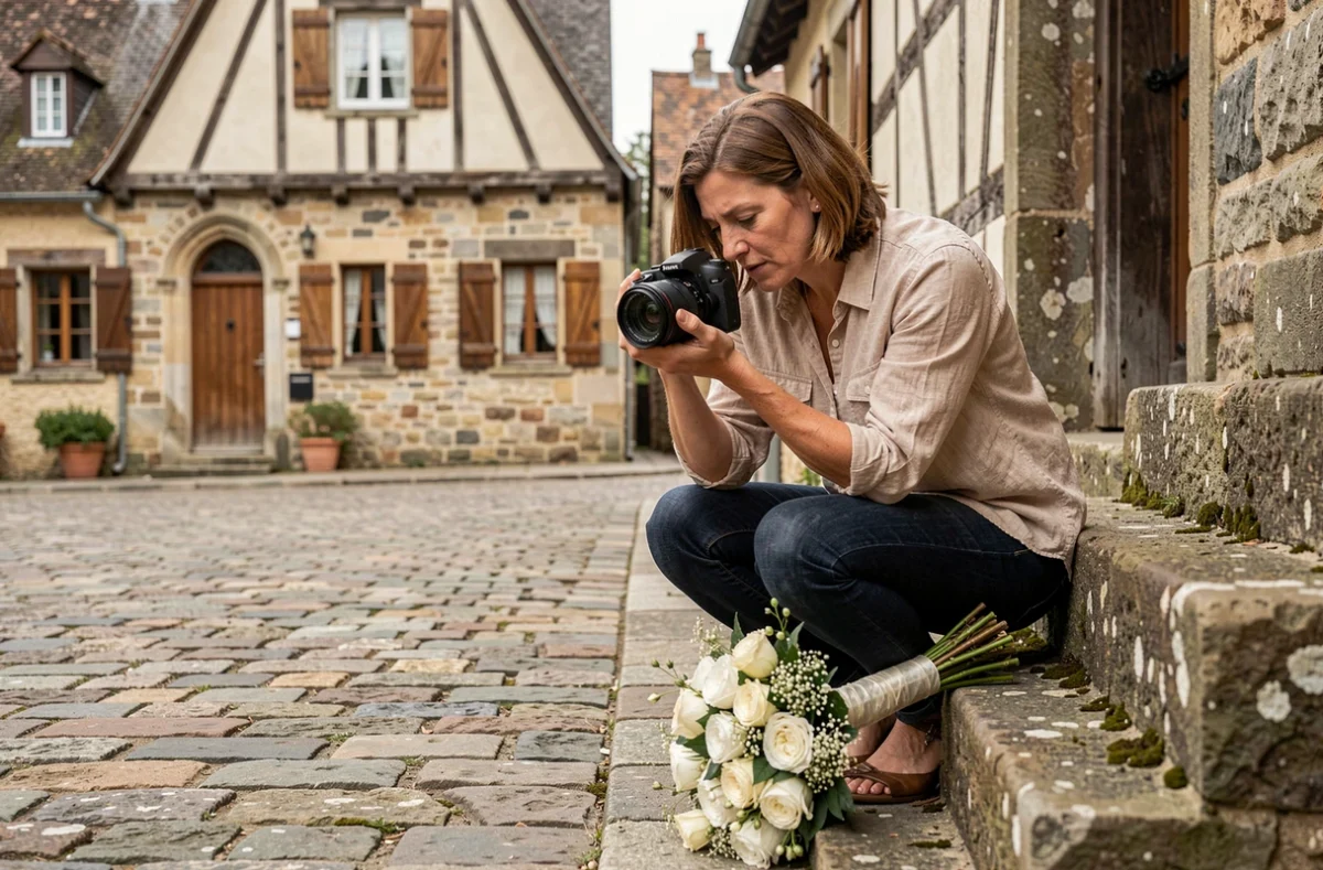 Photographe de mariage professionnelle au travail dans un village du Calvados