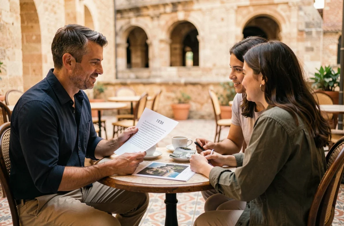 Photographe à Nîmes présentant ses tarifs et son portfolio à un couple de clients en terrasse de café
