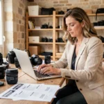 Photographe professionnelle à Nîmes consultant ses tarifs sur un ordinateur portable dans son studio avec matériel photo