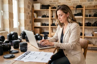 Photographe professionnelle à Nîmes consultant ses tarifs sur un ordinateur portable dans son studio avec matériel photo