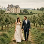 Couple de mariés se promenant dans la campagne normande avec un château historique en arrière-plan