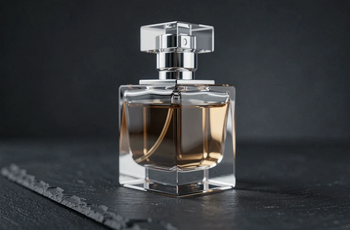 Photographie macro d'un flacon de parfum en verre sur ardoise sombre, rendu professionnel haute qualité