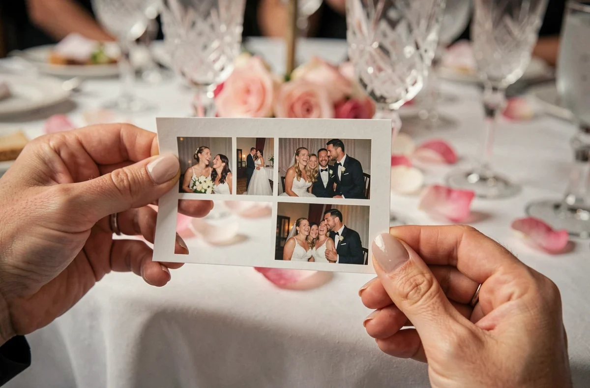 Gros plan sur une planche photo souvenir imprimée par une borne KRUU lors d'un grand mariage en 2026