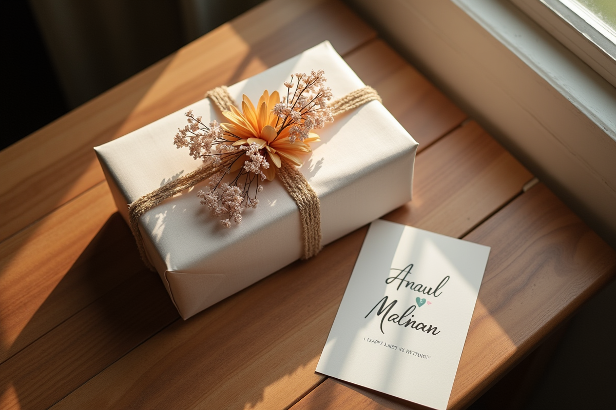 Présent décoré de fleurs avec carte d