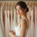 Mariée en robe ivoire examinant une étiquette de prix dans une boutique de mariage élégante