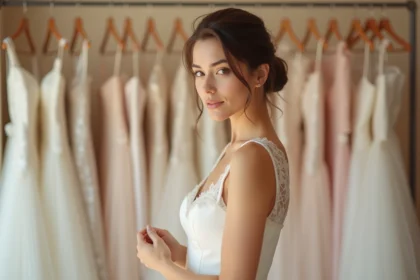 Mariée en robe ivoire examinant une étiquette de prix dans une boutique de mariage élégante