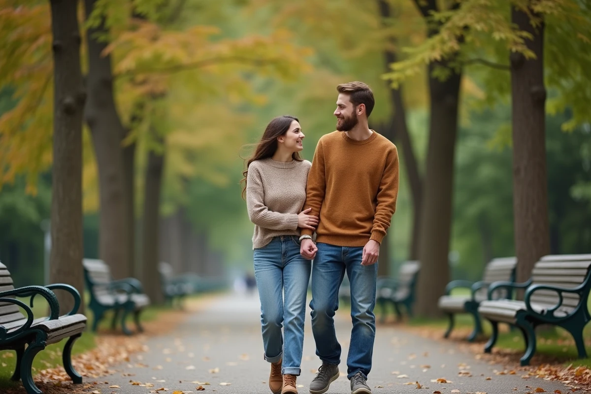 Un couple marche dans un parc en automne avec sourires détendus