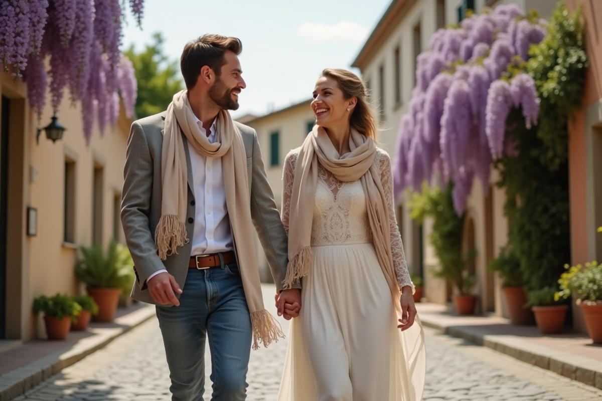 Jeune couple marchant dans une rue pavée en village européen
