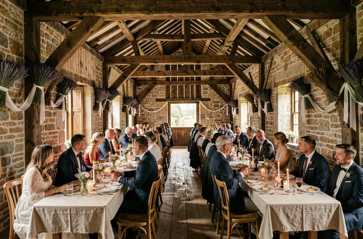 Réception de mariage dans une grange normande en bois avec décoration champêtre au Calvados
