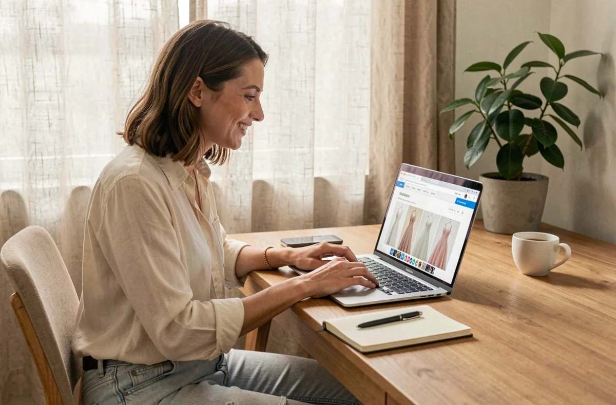 Femme recherchant une robe de mariage civil en ligne sur son ordinateur portable depuis son bureau à domicile