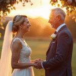 Couple mature renouvelant leurs vœux en extérieur sous une arche florale