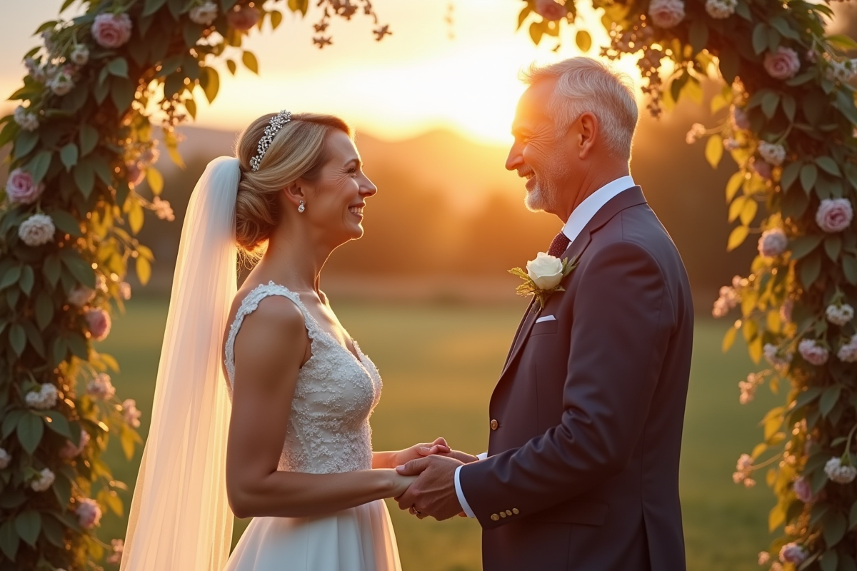 Couple mature renouvelant leurs vœux en extérieur sous une arche florale