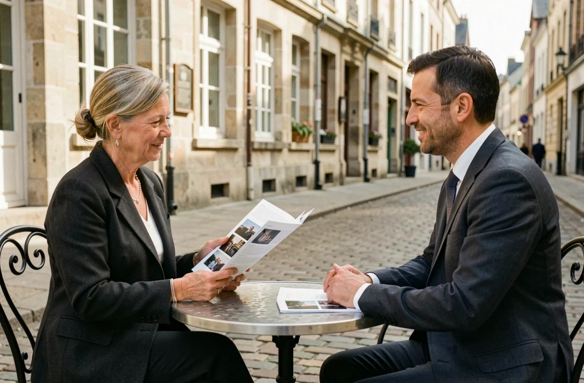 Photographe et client en réunion extérieure pour discuter d'un devis photo entreprise en centre-ville d'Angers