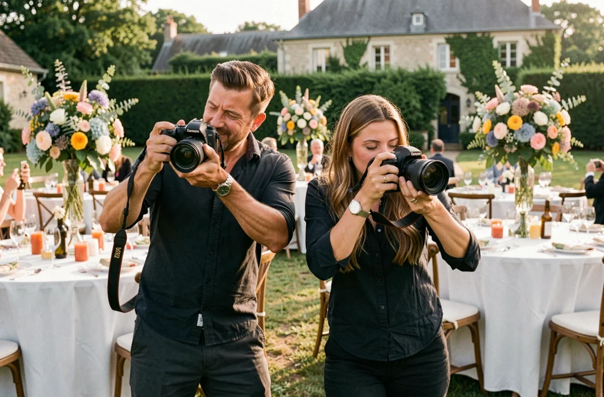 L'équipe Rev Your Wedding, deux photographes en action lors d'une réception de mariage en extérieur dans les Yvelines