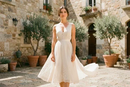 Femme en robe bohème ivoire avec dentelle pour un mariage civil dans une cour en pierre