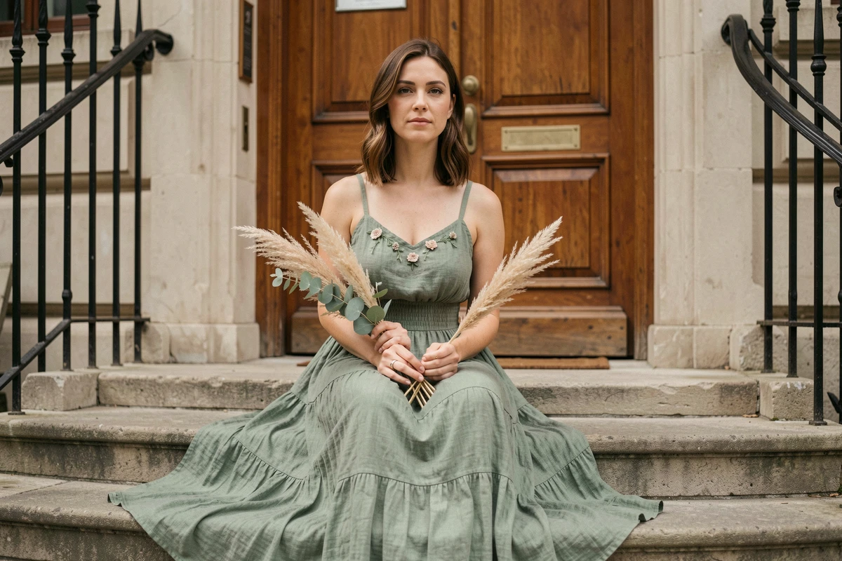 Femme en robe bohème vert sauge midi assise sur les marches d'une mairie pour un mariage civil