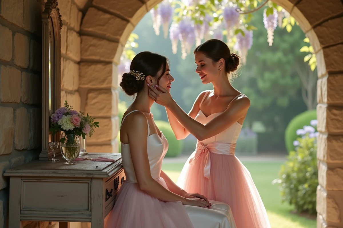 Deux femmes dans un jardin en pierre, l'une en robe empire blush se faisant coiffer avec un peigne doré fleuri pour son mariage