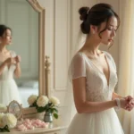 Mariée en robe empire ivoire ajoutant un bracelet en perles devant un miroir dans une suite nuptiale élégante