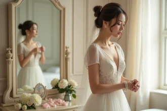 Mariée en robe empire ivoire ajoutant un bracelet en perles devant un miroir dans une suite nuptiale élégante
