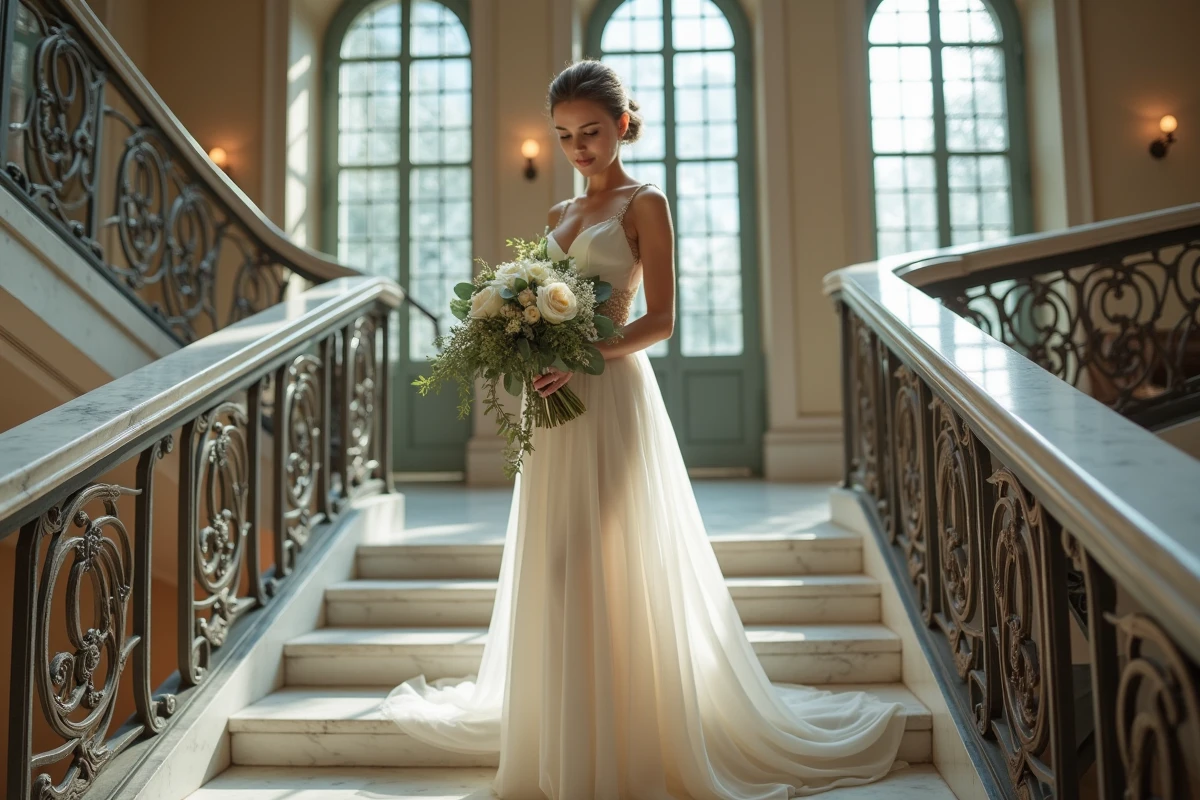 Mariée en robe empire ivoire avec ceinture dorée tenant un bouquet en cascade au sommet d'un escalier en marbre dans un château