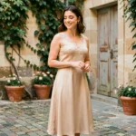Femme élégante en robe habillée champagne avec dentelle dans une cour parisienne en pierre, style mariage revisité en tenue quotidienne