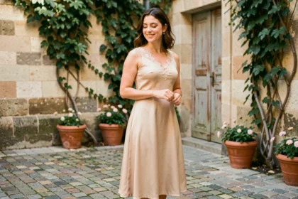 Femme élégante en robe habillée champagne avec dentelle dans une cour parisienne en pierre, style mariage revisité en tenue quotidienne