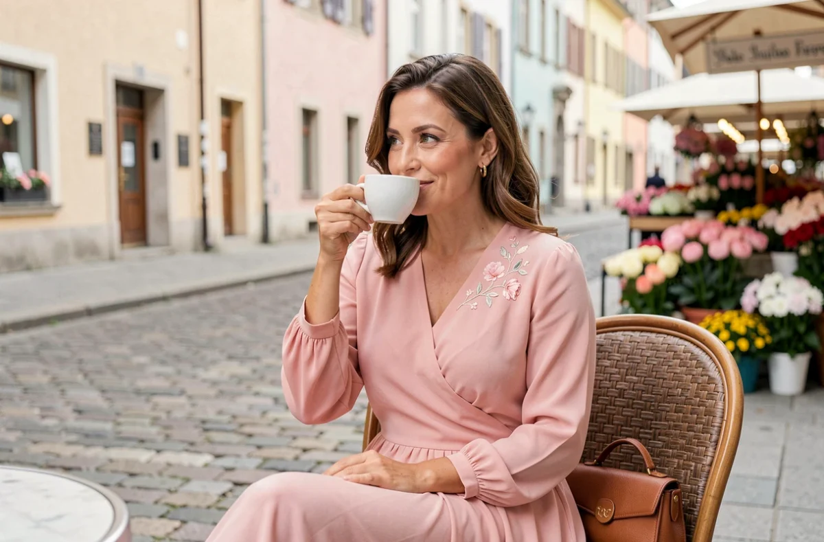 Femme portant une robe habillée rose à broderies florales attablée en terrasse de café européen, alliant élégance de mariage et style décontracté