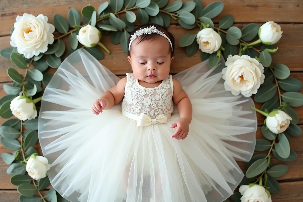 Robe mariage bébé blanche dentelle et tulle vue du dessus avec décoration florale pivoine et eucalyptus