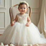 Robe de mariage bébé fille en dentelle et tulle ivoire, style romantique, assise sur une chaise vintage