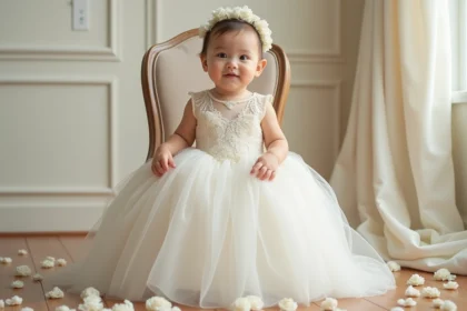 Robe de mariage bébé fille en dentelle et tulle ivoire, style romantique, assise sur une chaise vintage