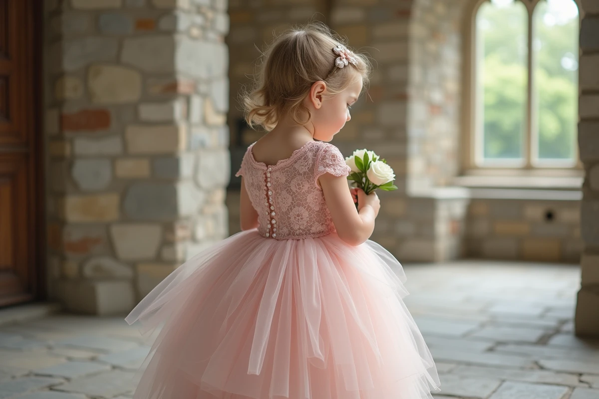 Robe de mariage bébé rose poudré en dentelle et tulle boutonnée dans le dos, fillette debout près d'une fenêtre d'église