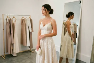 Femme essayant une robe de mariage civil élégante en ivoire dans une boutique moderne et minimaliste
