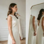 Femme essayant une robe de mariée sobre et élégante dans une boutique de luxe, se regardant dans un miroir avec une expression naturelle et confiante