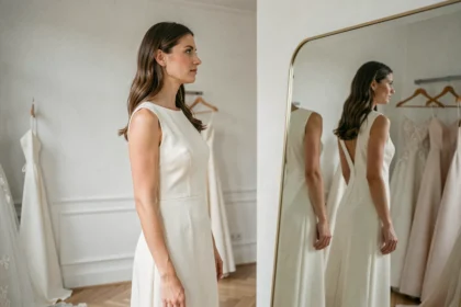 Femme essayant une robe de mariée sobre et élégante dans une boutique de luxe, se regardant dans un miroir avec une expression naturelle et confiante