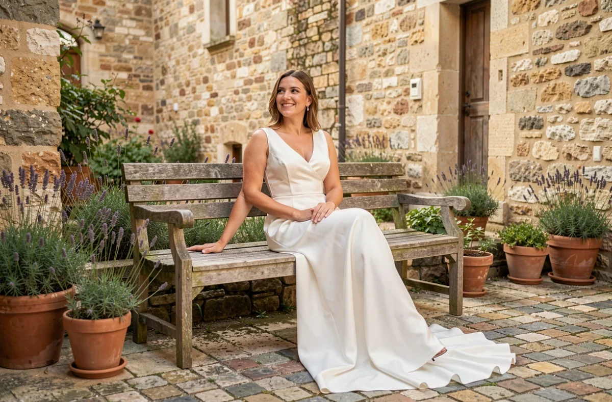 Femme en robe de mariée satin minimaliste assise dans une cour en pierre rustique, alternative économique aux grandes enseignes