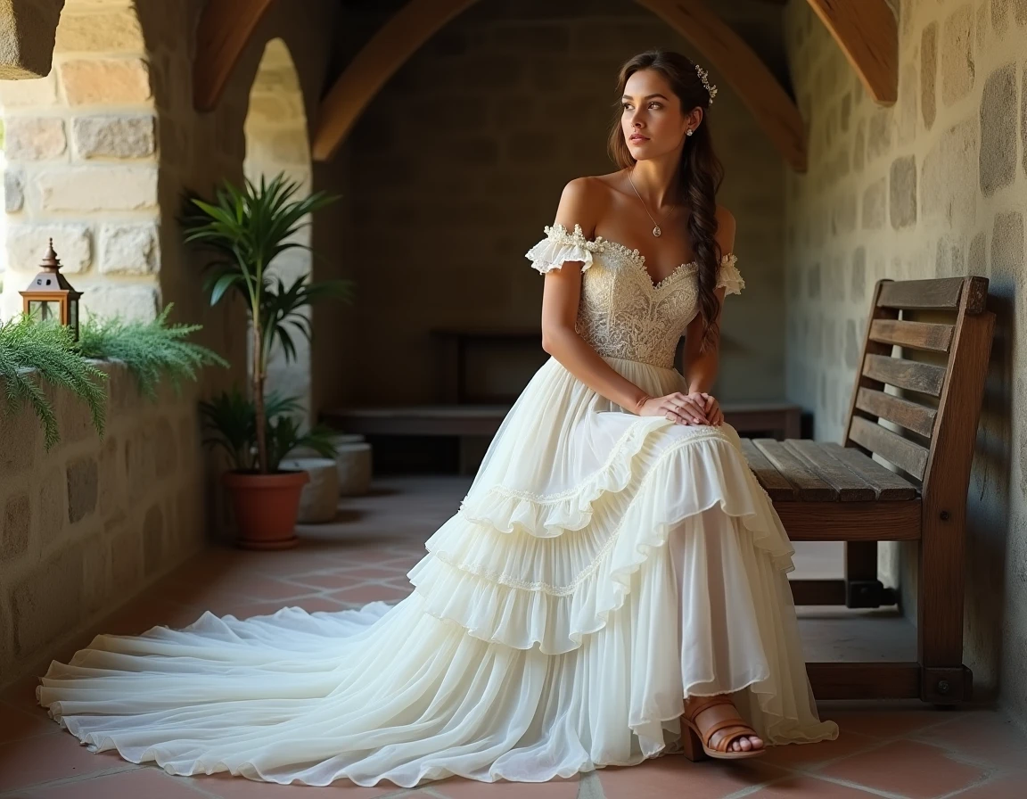 Mariée bohème en robe à volants brodés assise dans une chapelle en pierre rustique avec accessoires cuir et perles