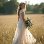 Mariée en robe bohème fluide avec couronne de fleurs séchées dans une prairie fleurie en plein air