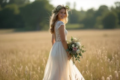 Mariée en robe bohème fluide avec couronne de fleurs séchées dans une prairie fleurie en plein air