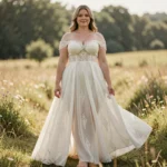 Mariée grande taille en robe bohème dentelle et mousseline dans un champ de fleurs sauvages