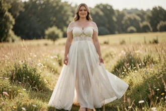 Mariée grande taille en robe bohème dentelle et mousseline dans un champ de fleurs sauvages