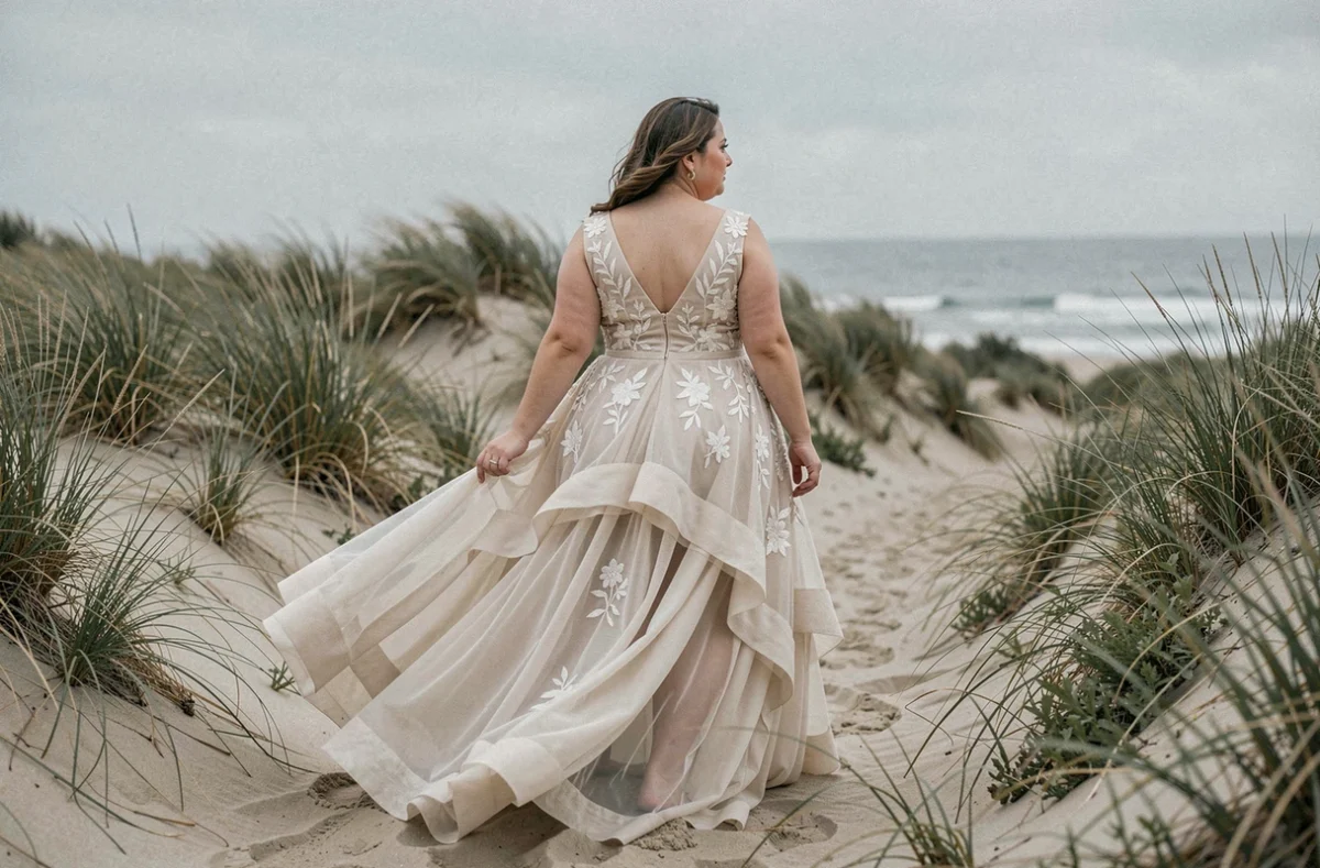 Mariée grande taille en robe bohème brodée marchant sur un chemin côtier entre les dunes