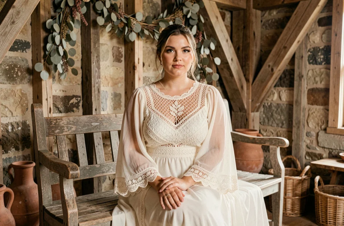 Mariée ronde en robe bohème crochet assise dans une grange rustique décorée d'eucalyptus