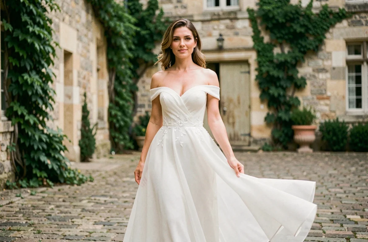 Mariée en robe de mariée en mousseline brodée dans la cour d'un château français, illustrant l'aspect budget et qualité pour choisir sa robe idéale