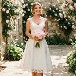 Mariée en robe de mariée courte en dentelle dans un jardin fleuri, souriant naturellement devant un mur en pierre couvert de roses grimpantes