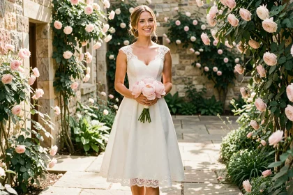 Mariée en robe de mariée courte en dentelle dans un jardin fleuri, souriant naturellement devant un mur en pierre couvert de roses grimpantes