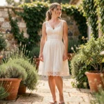 Mariée en robe courte en dentelle ivoire sur une terrasse en pierre entourée d'herbes méditerranéennes, look naturel et romantique
