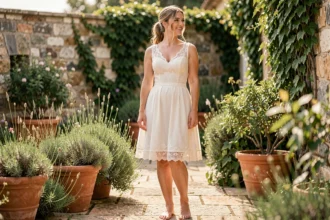 Mariée en robe courte en dentelle ivoire sur une terrasse en pierre entourée d'herbes méditerranéennes, look naturel et romantique