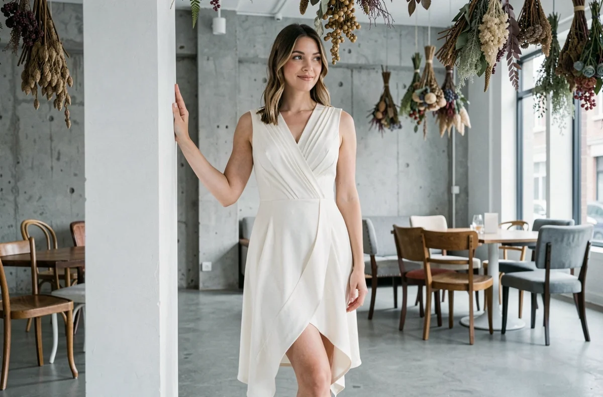 Robe de mariée courte asymétrique en soie dans un lieu de réception urbain au style industriel avec murs en béton brut