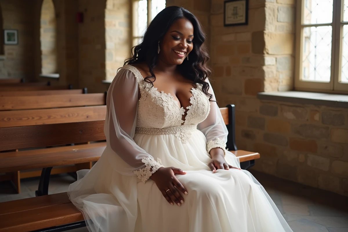 Mariée ronde en robe empire à manches chiffon brodées assise dans une chapelle en pierre historique