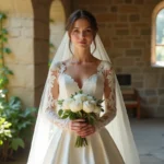 Mariée en robe longue manche en dentelle ivoire dans une chapelle en pierre, style moderne et élégant 2026